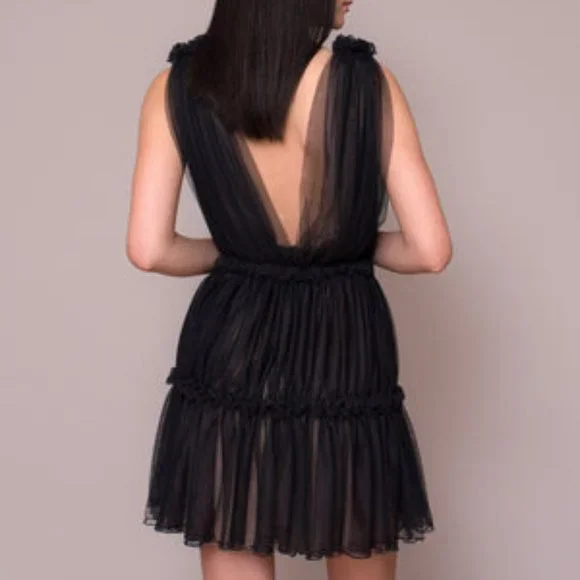 ZÉTA "Tali" Tulle Plunging V Neckline Mini Dress in Black - Picture 3 of 6